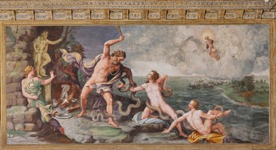 Laocoon og sønnene hans blir angrepet av slanger, The Trojan Horse, Chamber of Troy (Sala di Troia) av Giulio (and workshop) Romano