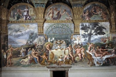 Den edle banketten som feirer Amors og Psyches ekteskap, sørveggen til Room of Cupid og Psyche, ca. 1527-31 (fresco) av Giulio (and workshop) Romano