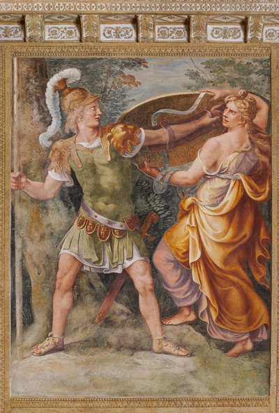 Thetis gir Achilles våpnene smidd av Hephaestus (Vulcan), The Trojan Horse, Chamber of Troy (Sala di Troia) av Giulio (and workshop) Romano