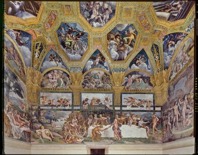 Room of Psiche: utsikt over den vestlige veggen, med den rustikke banketten (fresco) av Giulio (workshop of) Romano