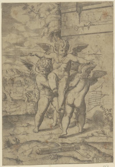 Amor og tre putti av Giulio Bonasone (attributed to)