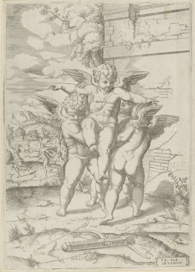 Amor og tre putti av Giulio Bonasone (attributed to)