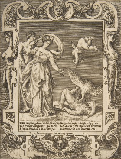 En gribb som spiser innmaten til Titius, Amor over to kvinner til venstre, satt innenfor en..., 1531-76. av Giulio Bonasone