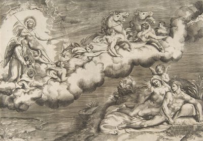 En allegori om den stigende solen, en naken mann iført et likklede og ledsaget Father Time..., 1531-76. av Giulio Bonasone