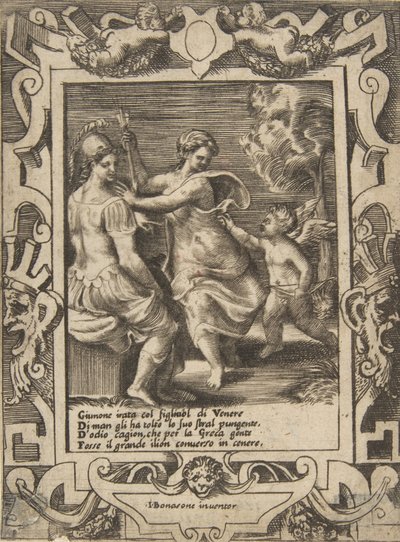 Athena satt i nærheten av Juno som har tatt bort Amors piler, satt innenfor en forseggjort ramme..., 1531-76. av Giulio Bonasone