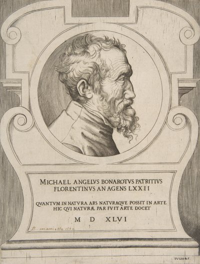 Bysteportrett av Michelangelo vendt mot høyre, satt i en kartusj., 1546. av Giulio Bonasone