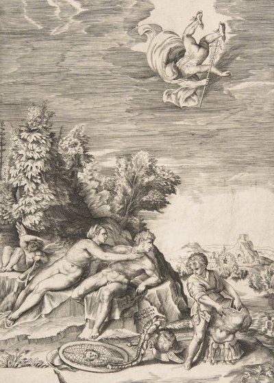Calypso prøver å arrestere Ulysses mens et barn forbereder rustningen til høyre og Mercury fa..., 1531-76. av Giulio Bonasone