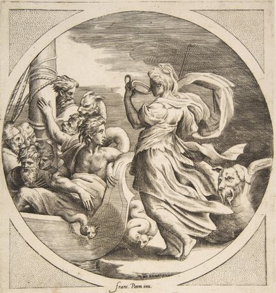 Sirkel drikker av en kopp med følgesvennene til Ulysses i en båt til venstre, et rundskriv ..., 1531-76. av Giulio Bonasone
