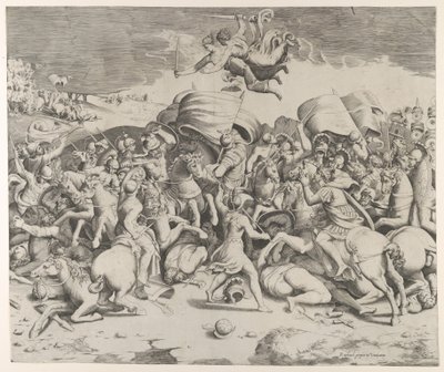 Konstantin beseiret tyrannen Maxentius, engler som bærer sverd flyr over, 1544., 1544. av Giulio Bonasone