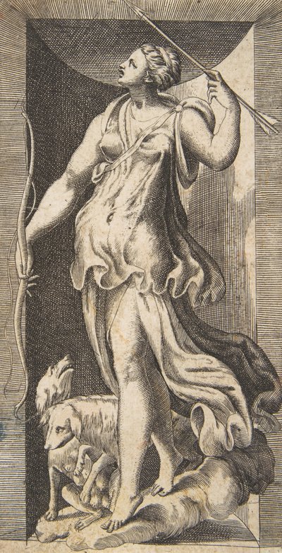 Jegerinnen Diana akkompagnert av hundene hennes som står i en nisje, 1500-tallet., 1500-tallet. av Giulio Bonasone
