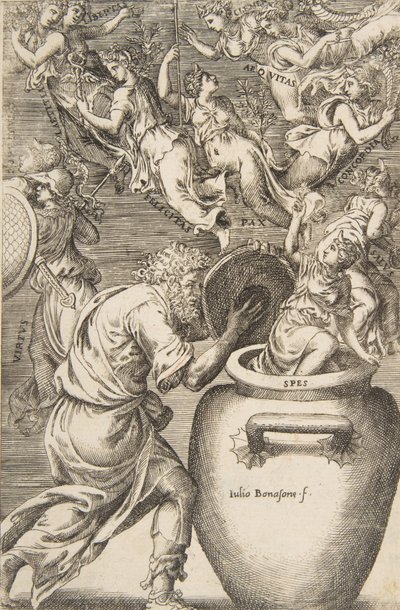 Epimetheus åpner Pandoras eske, 1531-76. av Giulio Bonasone