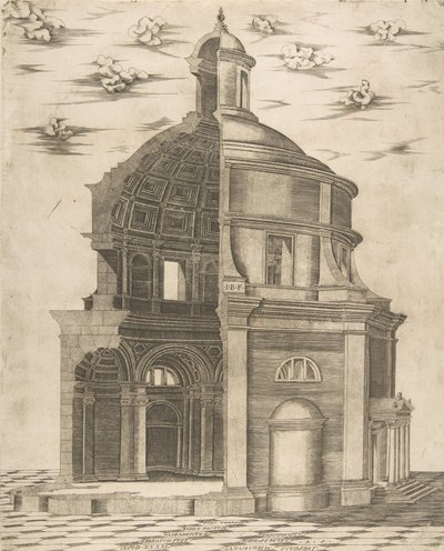 Eksteriør og indre del av et tempel i Roma dedikert til Neptun, 1541. av Giulio Bonasone