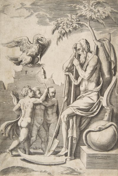 Fader Tid til høyre støttet på en ljå, tre nakne gutter og ørn til venstre, 1..., 1531-76. av Giulio Bonasone