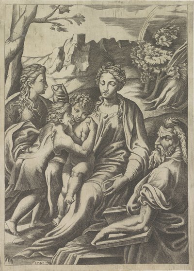 Hellig familie med den unge døperen Johannes og Maria Magdalena av Giulio Bonasone