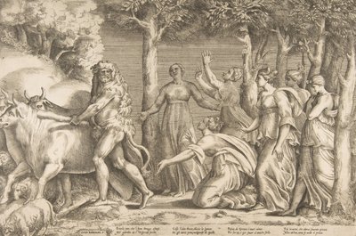 Herkules driver vekk storfeet til Geryon, til høyre er nymfene til Hesperides, ..., 1531-76. av Giulio Bonasone