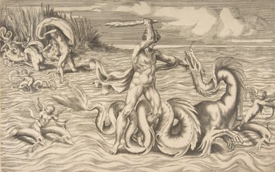 Hercules kjemper mot en drage i midten, Achelous bærer av Deianeira øverst til venstre, 1531-76. av Giulio Bonasone