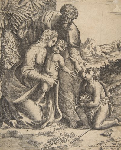 Hellig familie med døperen Johannes som kneler til høyre, 1531-76. av Giulio Bonasone