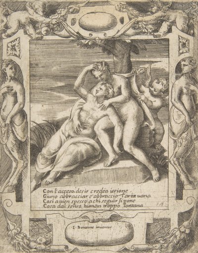 Ixion omfavner en sky, og tror det er Juno, Amor til høyre, satt i en elabora..., 1531-76. av Giulio Bonasone