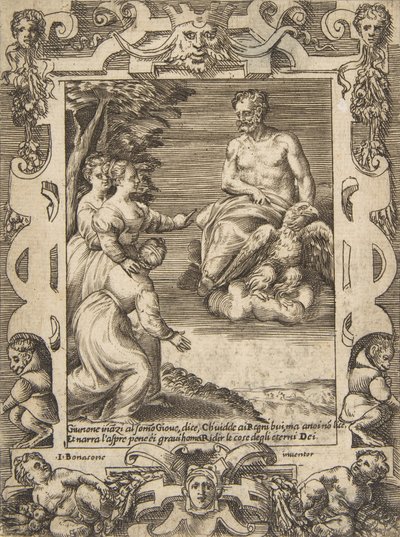 Juno til venstre ber Jupiter om å hjelpe grekerne, satt innenfor en forseggjort ramme, fra 