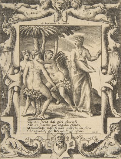 Juno til høyre snur seg og snakker til skjebnene, satt innenfor en forseggjort ramme, fra..., 1531-76. av Giulio Bonasone
