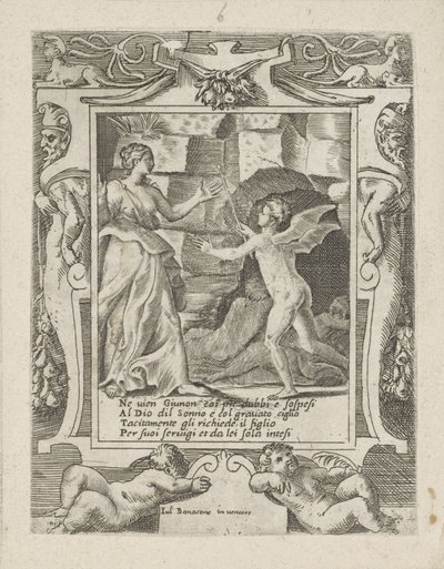 Juno beordrer Sleep til å stige ned på Jupiter Love, Anger and Jealousy of Juno (serietittel) Amori sdegni et gielosie di Giunone (serietittel) av Giulio Bonasone