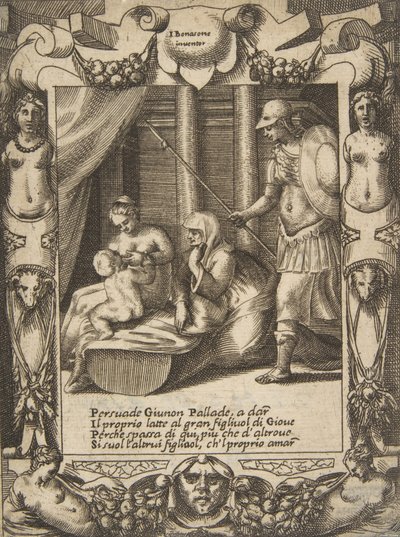 Juno overtalte Athena til å pleie den unge Hercules, satt innenfor en forseggjort ramme, fra..., 1531-76. av Giulio Bonasone