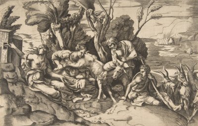 Jupiter die av geiten Amalthea, 1531-76.. av Giulio Bonasone