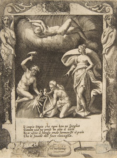 Litigium fjernet fra kroppen til Chaos mens moren kastes opp i luften, satt med..., 1531-76. av Giulio Bonasone