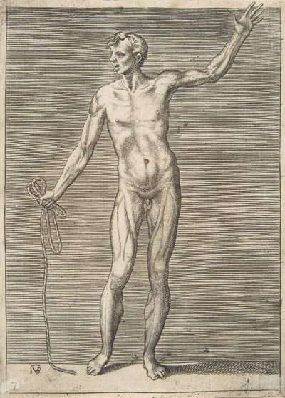 Mann sett forfra, holder et tau i høyre hånd, 1500-tallet. av Giulio Bonasone