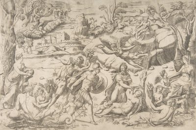Mars og Rhea Silvia: i sentrum holder Mars et skjold og sverd, Rhea Silvia sover..., ca 1531-76. av Giulio Bonasone