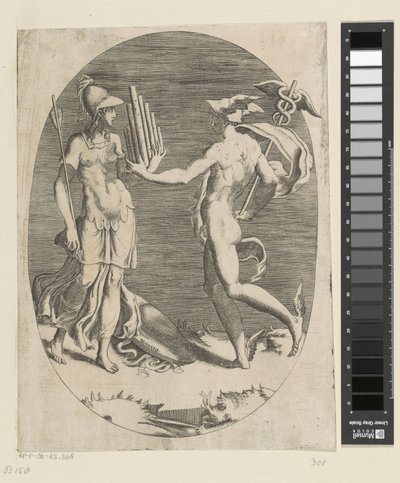 Mercury gir Minerva en panfløyte av Giulio Bonasone