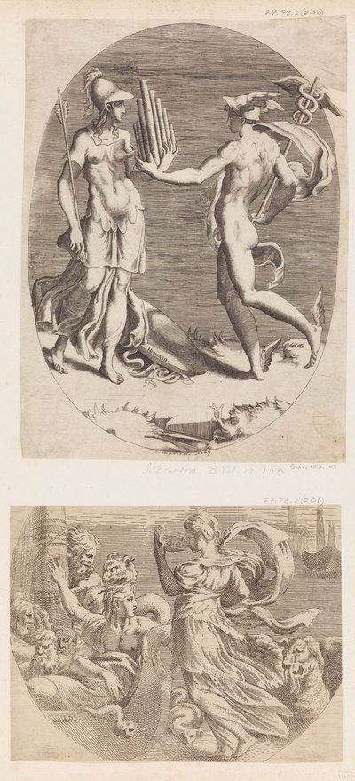 Mercury presenterer en Panpipe til Minerva. av Giulio Bonasone