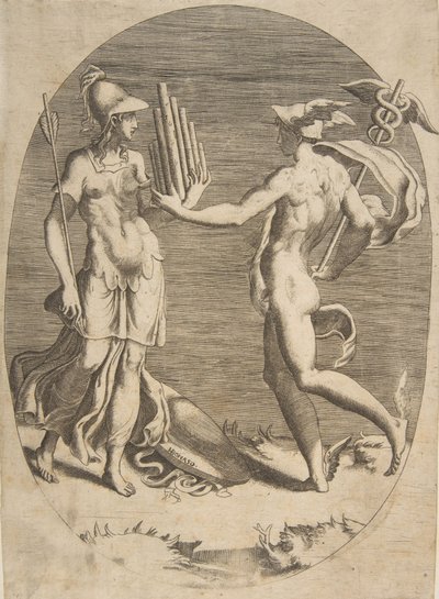 Mercury presenting a panpipe to Minerva who stands at left, an oval composition, 1531-76.    1169875   no       norwegian Successfully Translated  Original: Petrus als berouwvolle zondaar Acht berouwvolle zondaars uit het Oude en Nieuwe Testament (series t av Giulio Bonasone