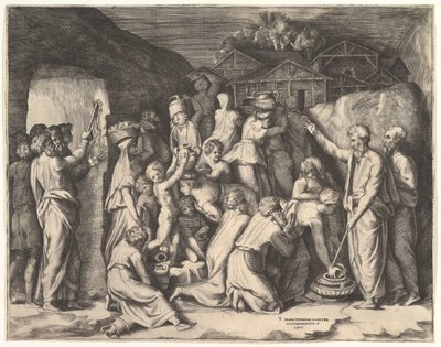 Moses som ber israelittene om å samle manna og Moses slår klippen. av Giulio Bonasone