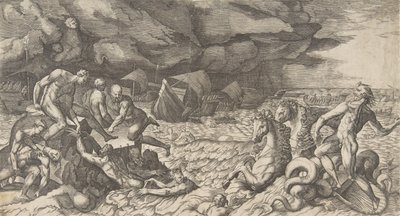Neptun roet stormen Aeolus reist mot Aeneas-flåten, 1531-76. av Giulio Bonasone