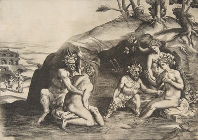 Nymfer og Satyrer som bader, 1531-76. av Giulio Bonasone