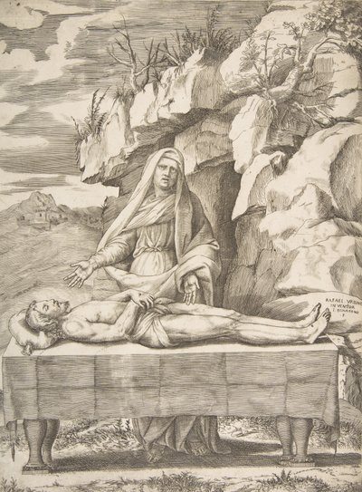 Pieta, Kristus strakt ut på et bord i et landskap, Jomfruen stående bak våpen ..., 1531-76. av Giulio Bonasone