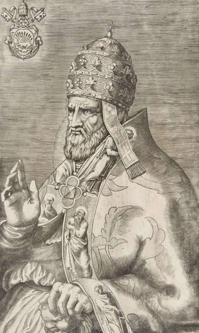 Portrett av pave Marcellus II, høyre hånd hevet vendt mot venstre, ca. 1555. av Giulio Bonasone