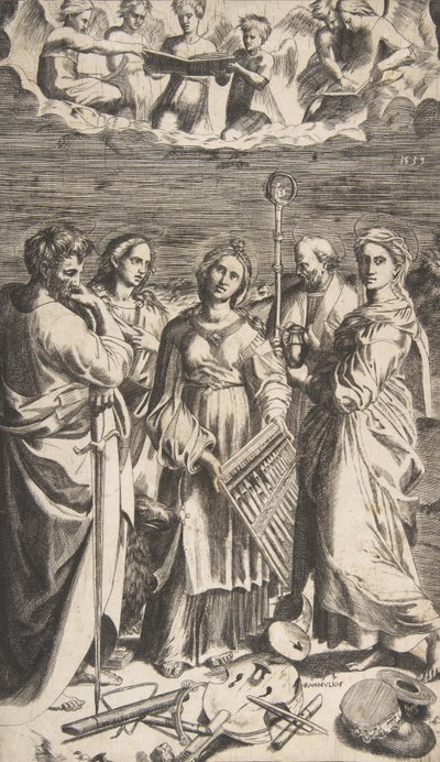 Saint Cecilia står i sentrum akkompagnert av Saint Paul, the Magdalene, Saint John ..., 1531. av Giulio Bonasone