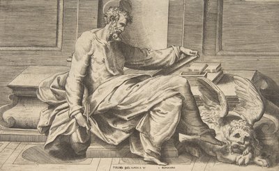 Markus skrev sitt evangelium, bevinget løve til høyre, 1531-76. av Giulio Bonasone