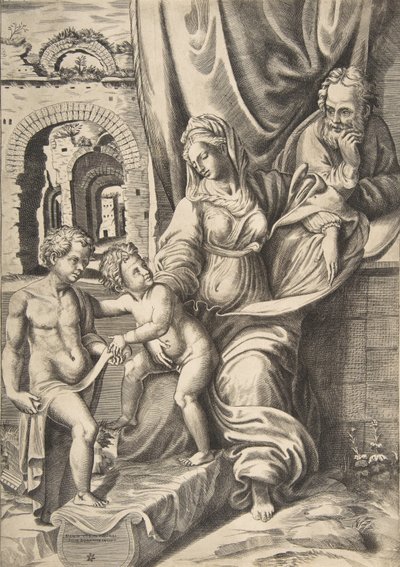 Den hellige familie og spedbarnet døperen Johannes, 1531-76., 1531-76. av Giulio Bonasone