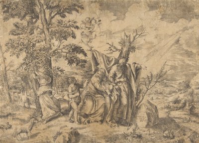 Hvilen på flukt til Egypt, Josef til høyre, Jomfruen holder Kristusbarnet i..., 1531-76. av Giulio Bonasone