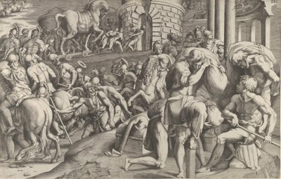 Trojanerne drar trehesten inn i Troja, 1545. av Giulio Bonasone