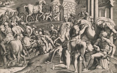Trojanerne trekker trehesten inn i byen, 1545. av Giulio Bonasone