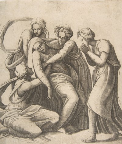 Jomfruen besvimer og blir støttet i armene til de hellige kvinnene, 1531-76. av Giulio Bonasone