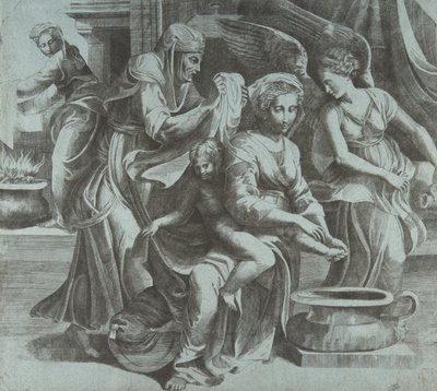 Jomfruen vasker Kristusbarnet akkompagnert av figurer og en engel til høyre, ..., ca. 1550-60. av Giulio Bonasone