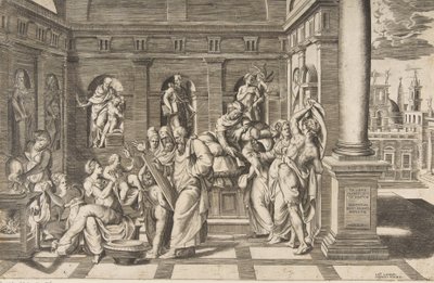 Fødselen til døperen Johannes satt i en klassisk bygning, ca 1531-76 av Giulio Bonasone