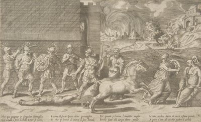 Kampen til Hector og Achilles, og Achilles som drar kroppen til Hector rundt ..., 1531-76. av Giulio Bonasone