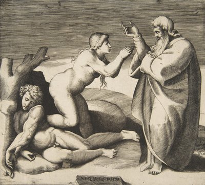 Skapelsen av Eva som dukker opp bak Adam, ca. 1530-70. av Giulio Bonasone