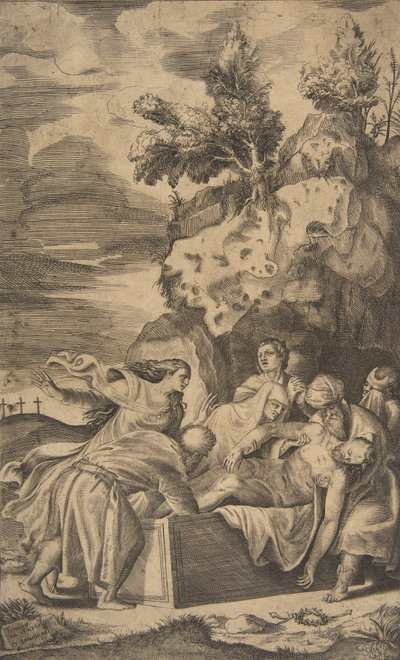 Kristi gravlegging, korsene på Golgata synlig i venstre bakgrunn, 1563. av Giulio Bonasone